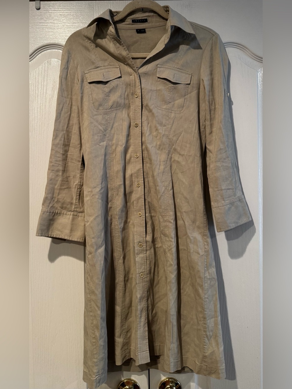 Theory Tan Linen Blend Botton Down Shift Dress - Size 6 - Picture 2 of 5